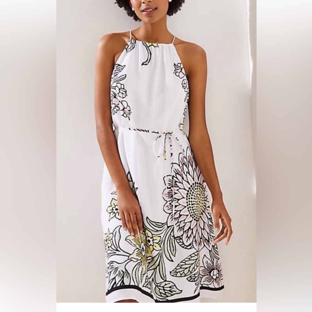 LOFT Floral Midi Dress with A-Line Design and Halter Neck NWT Med